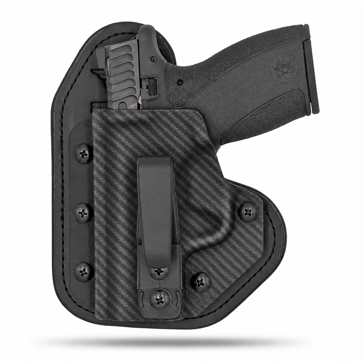 Black Carbon Fiber Hidden Hybrid single-clip appendix holster for Smith & Wesson Bodyguard 2.0, left-hand, no claw.