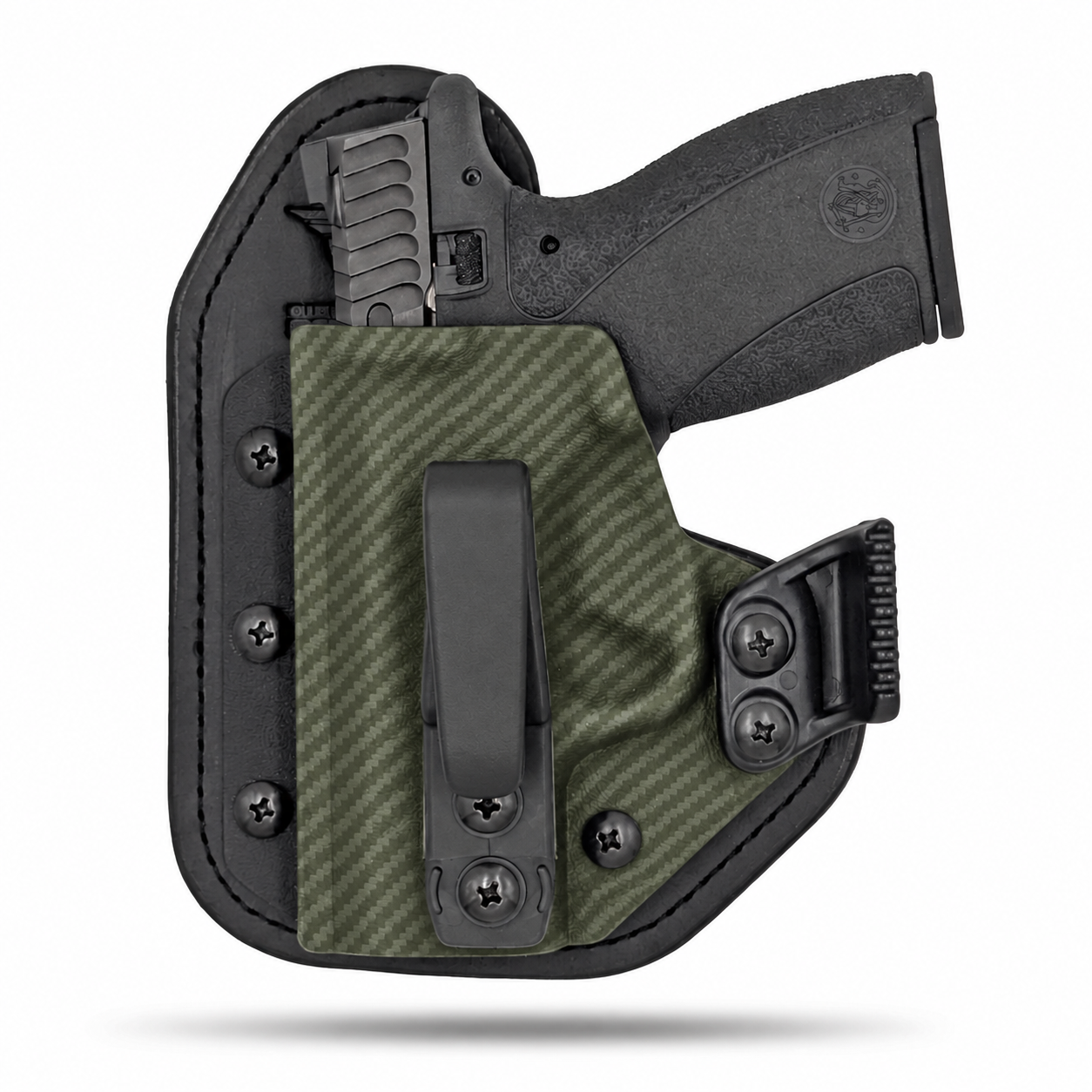 OD Green Carbon Fiber Hidden Hybrid single-clip appendix holster for Smith & Wesson Bodyguard 2.0, left-hand, with claw.