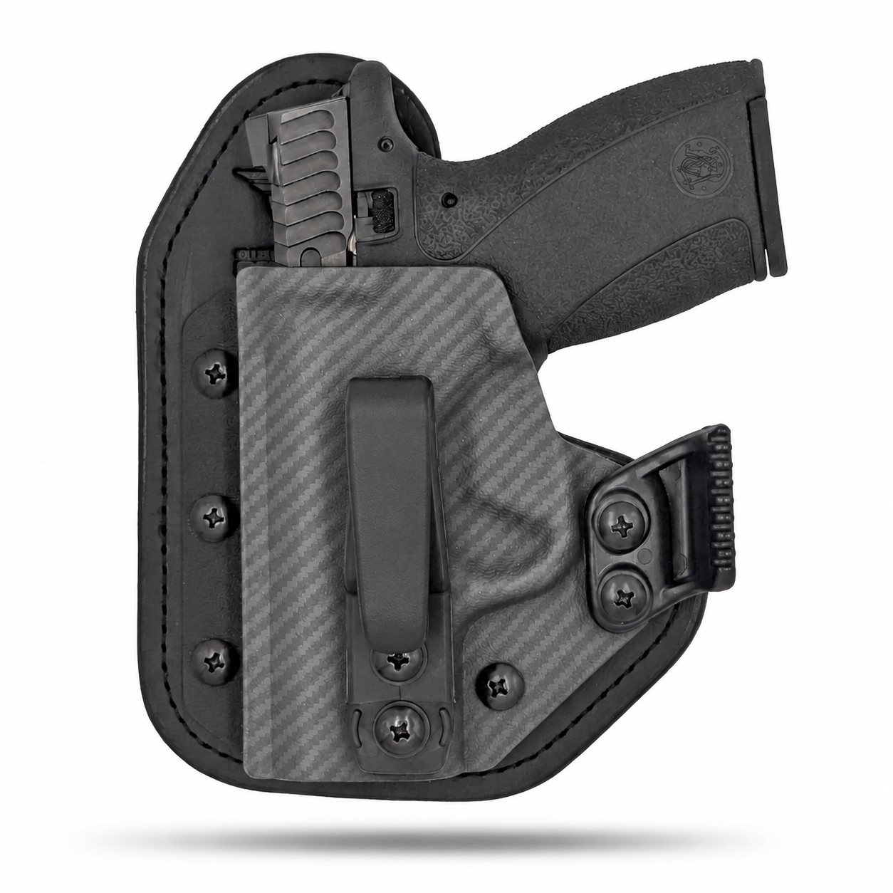Storm Grey Carbon Fiber Hidden Hybrid single-clip appendix holster for Smith & Wesson Bodyguard 2.0, left-hand, with claw.
