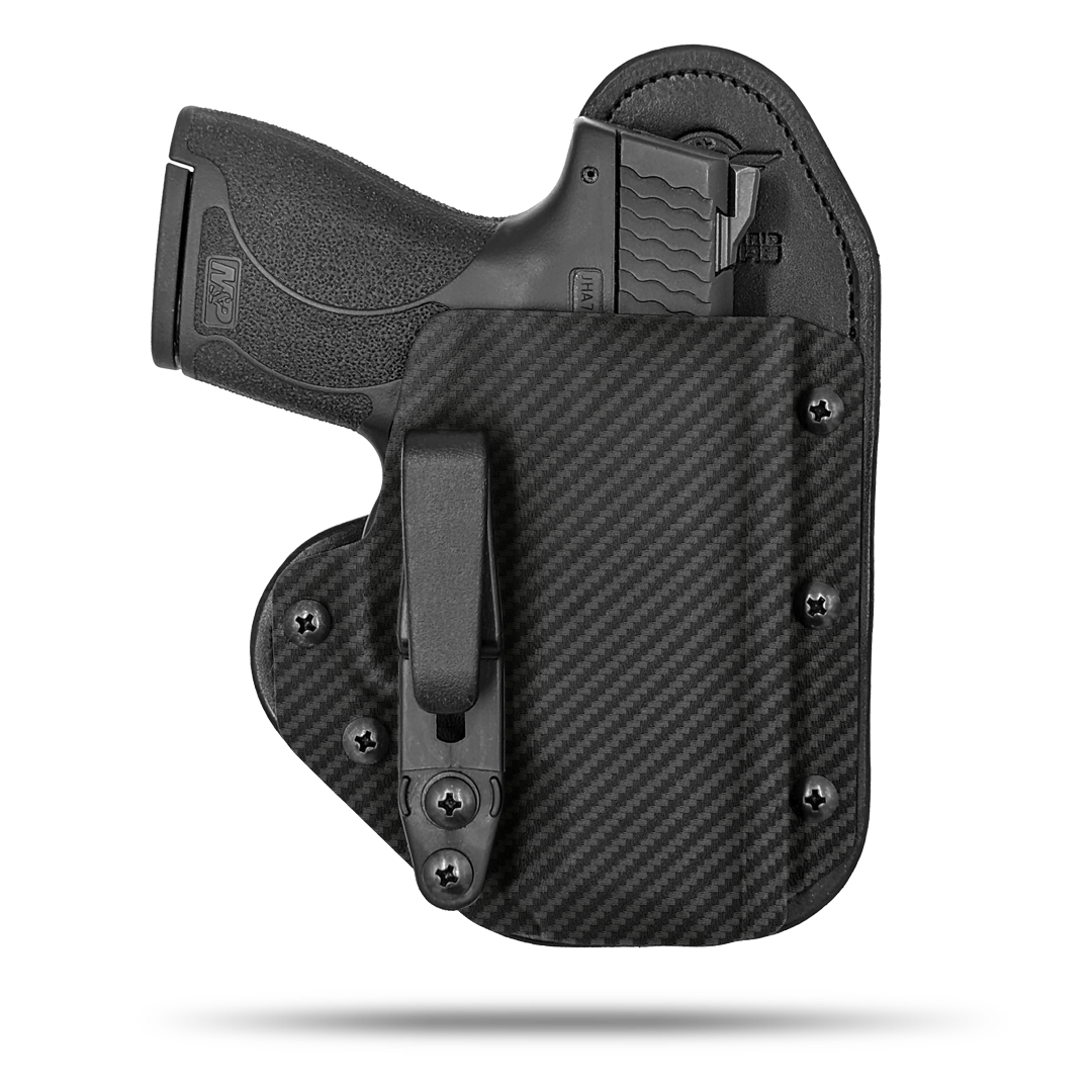 Comfortable Smith and Wesson Shield Appendix Holster by Hidden Hybrid Holsters, Right Hand Draw.