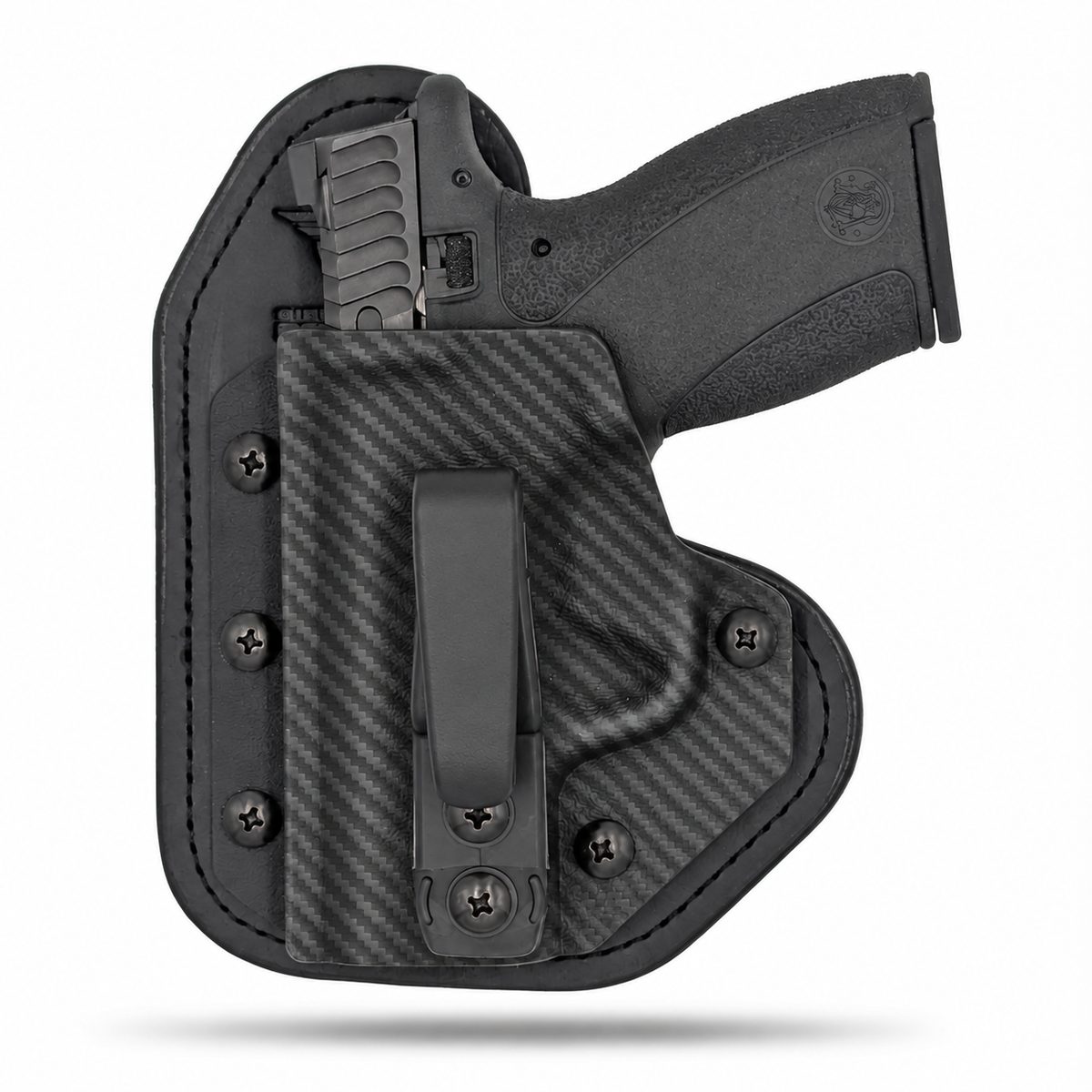 Black Carbon Fiber Hidden Hybrid single-clip appendix holster for Smith & Wesson Bodyguard 2.0, left-hand, no claw.