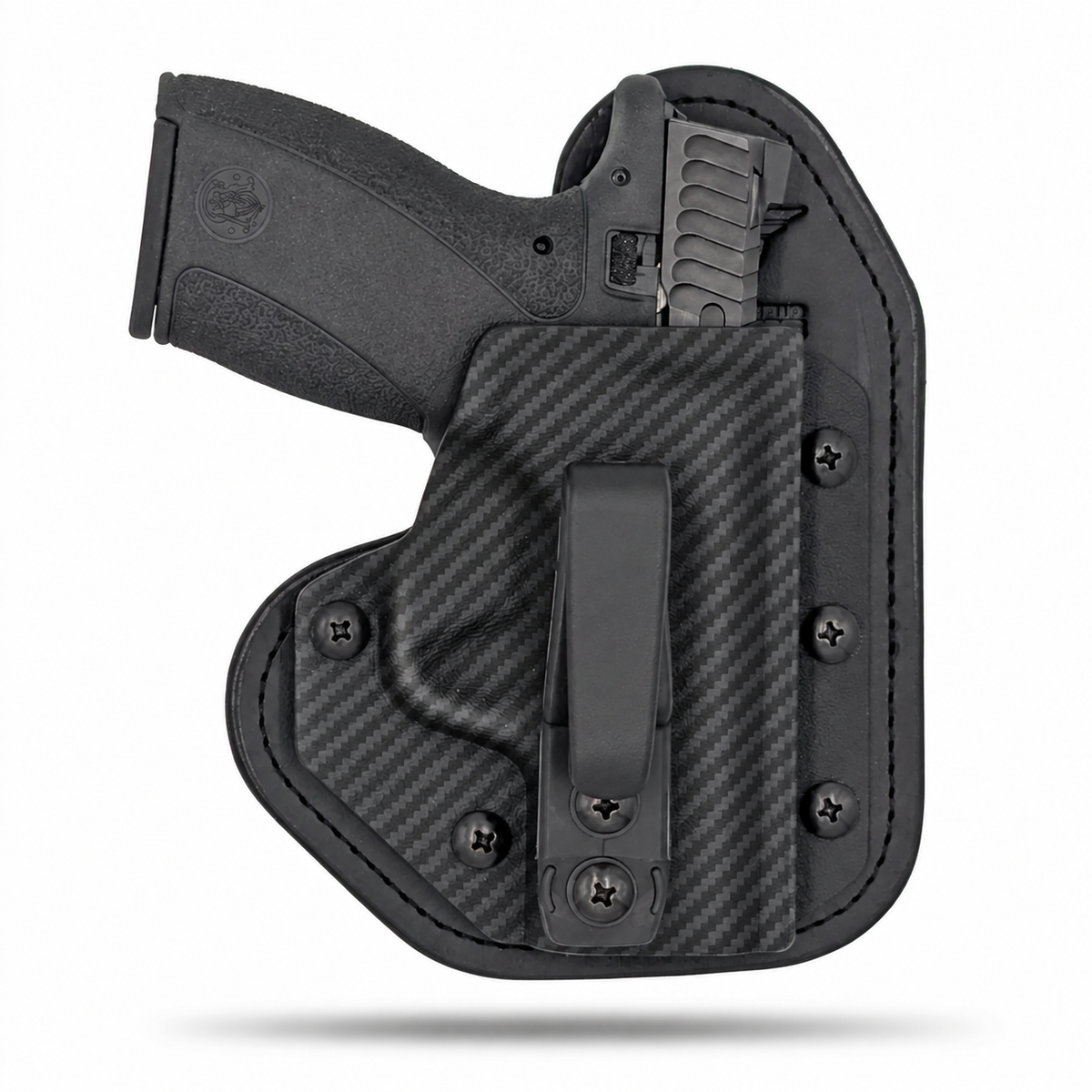 Black Carbon Fiber Hidden Hybrid single-clip appendix holster for Smith & Wesson Bodyguard 2.0, right-hand, no claw.