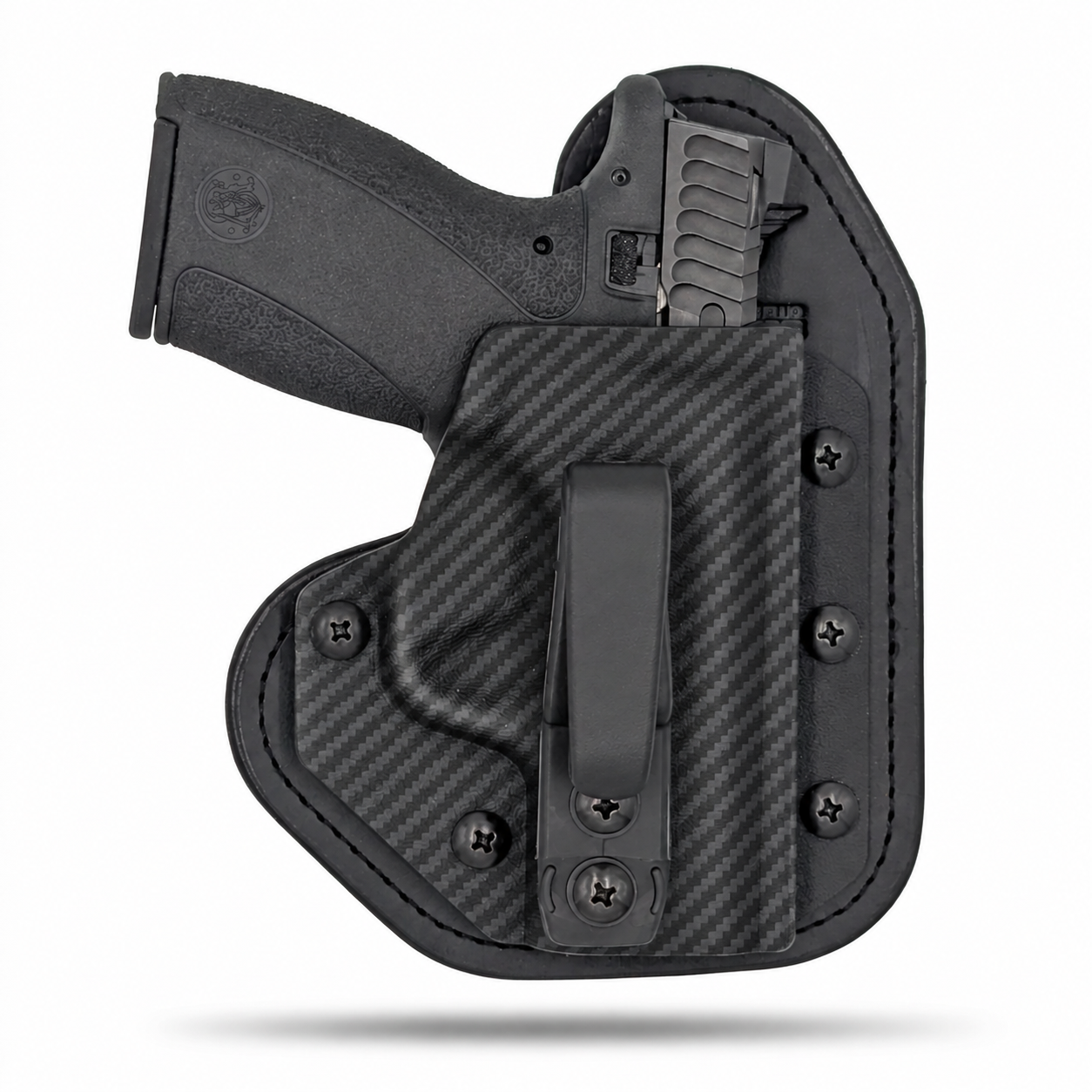 Black Carbon Fiber Hidden Hybrid single-clip appendix holster for Smith & Wesson Bodyguard 2.0, right-hand, no claw.
