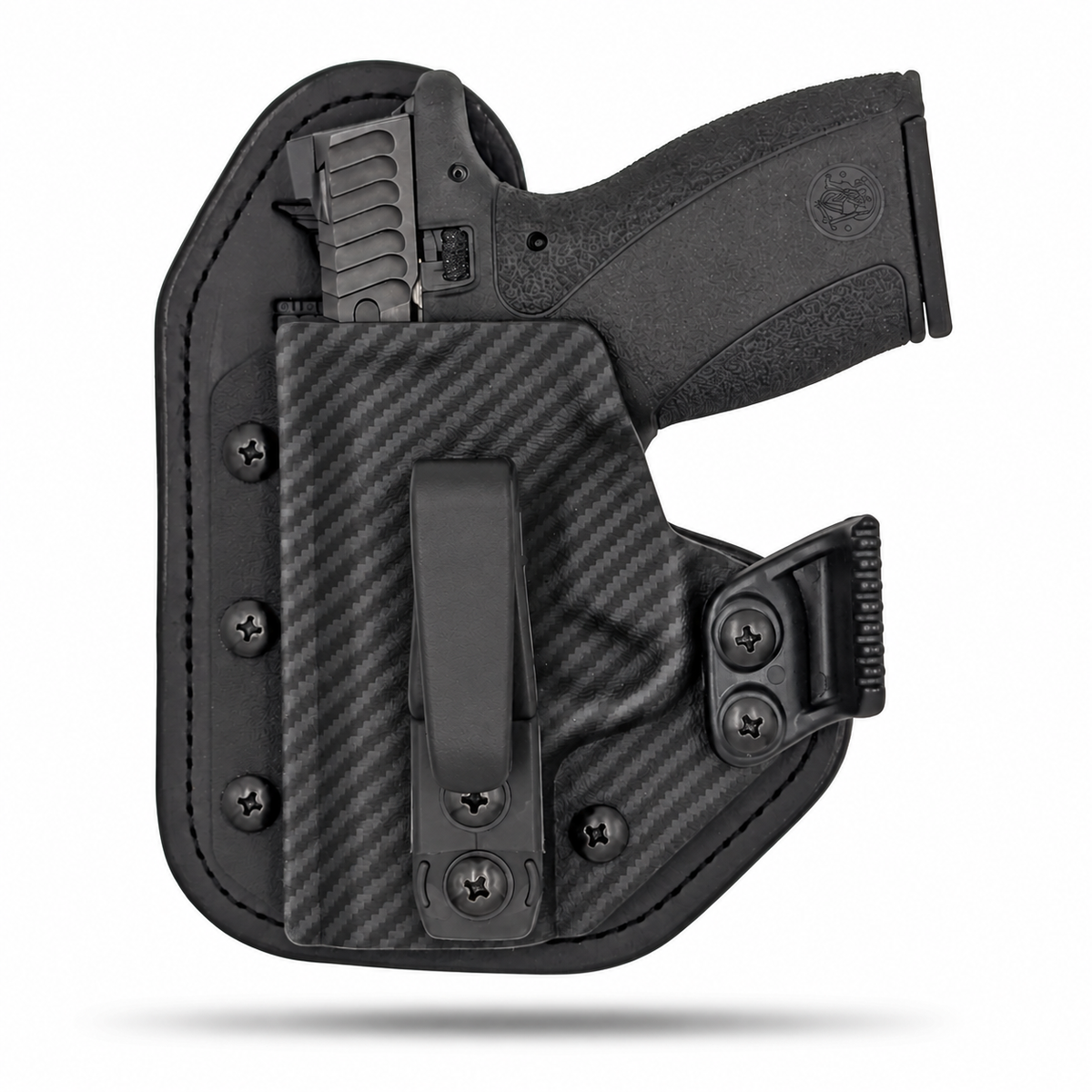 Black Carbon Fiber Hidden Hybrid single-clip appendix holster for Smith & Wesson Bodyguard 2.0, left-hand, with claw.