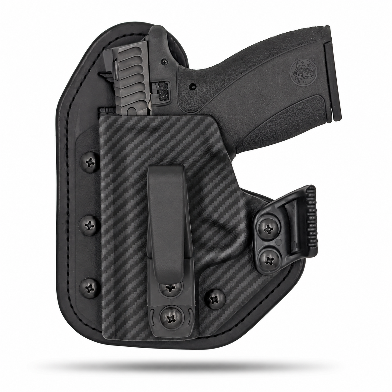 Black Carbon Fiber Hidden Hybrid single-clip appendix holster for Smith & Wesson Bodyguard 2.0, left-hand, with claw.