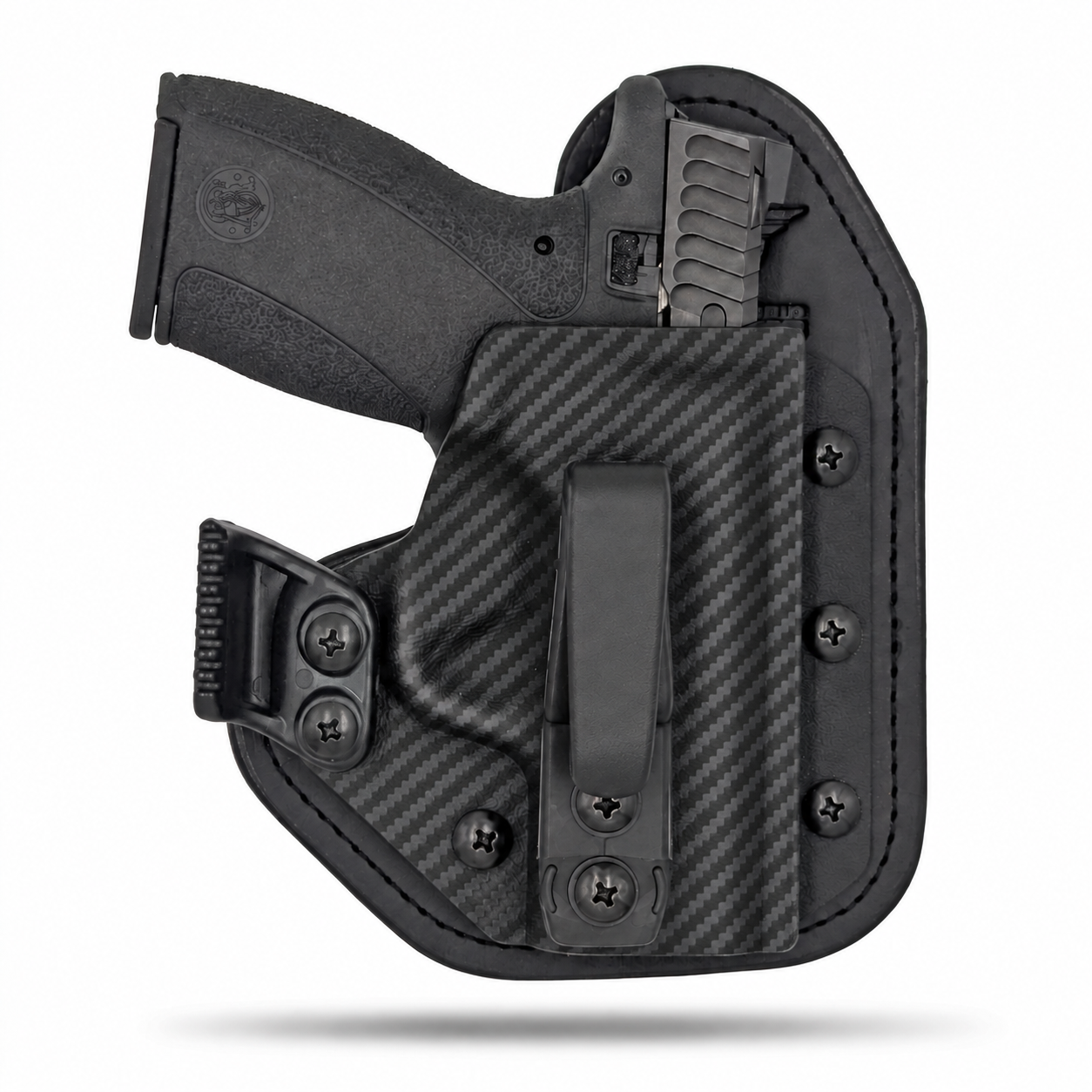 Black Carbon Fiber Hidden Hybrid single-clip appendix holster for Smith & Wesson Bodyguard 2.0, right-hand, with claw.