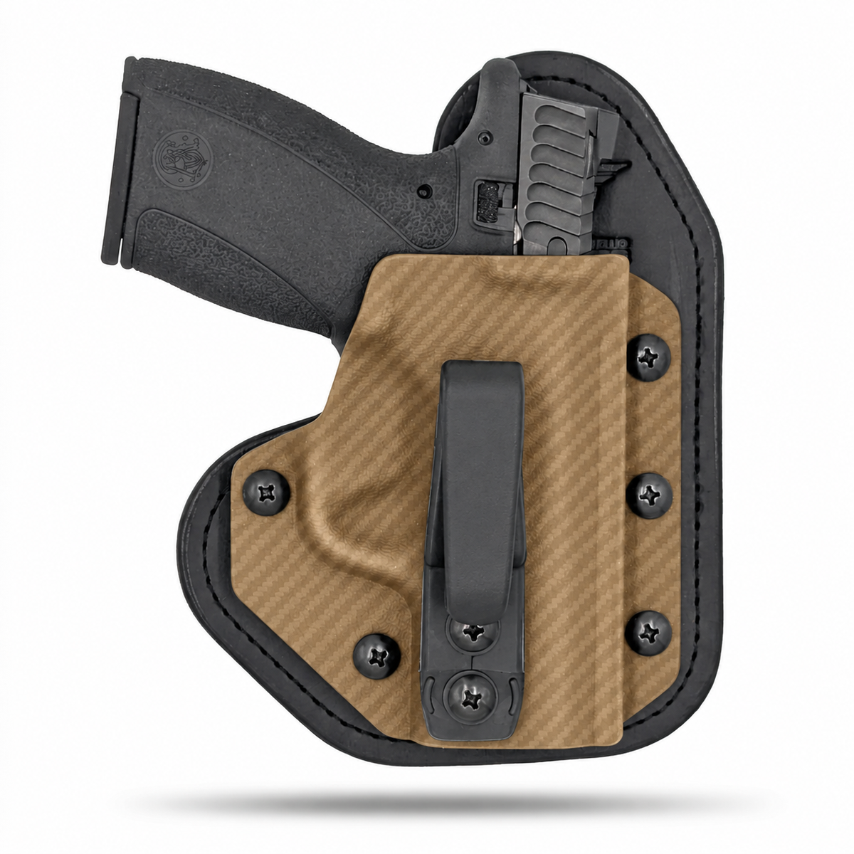 Coyote Tan Carbon Fiber Hidden Hybrid single-clip appendix holster for Smith & Wesson Bodyguard 2.0, right-hand, no claw.
