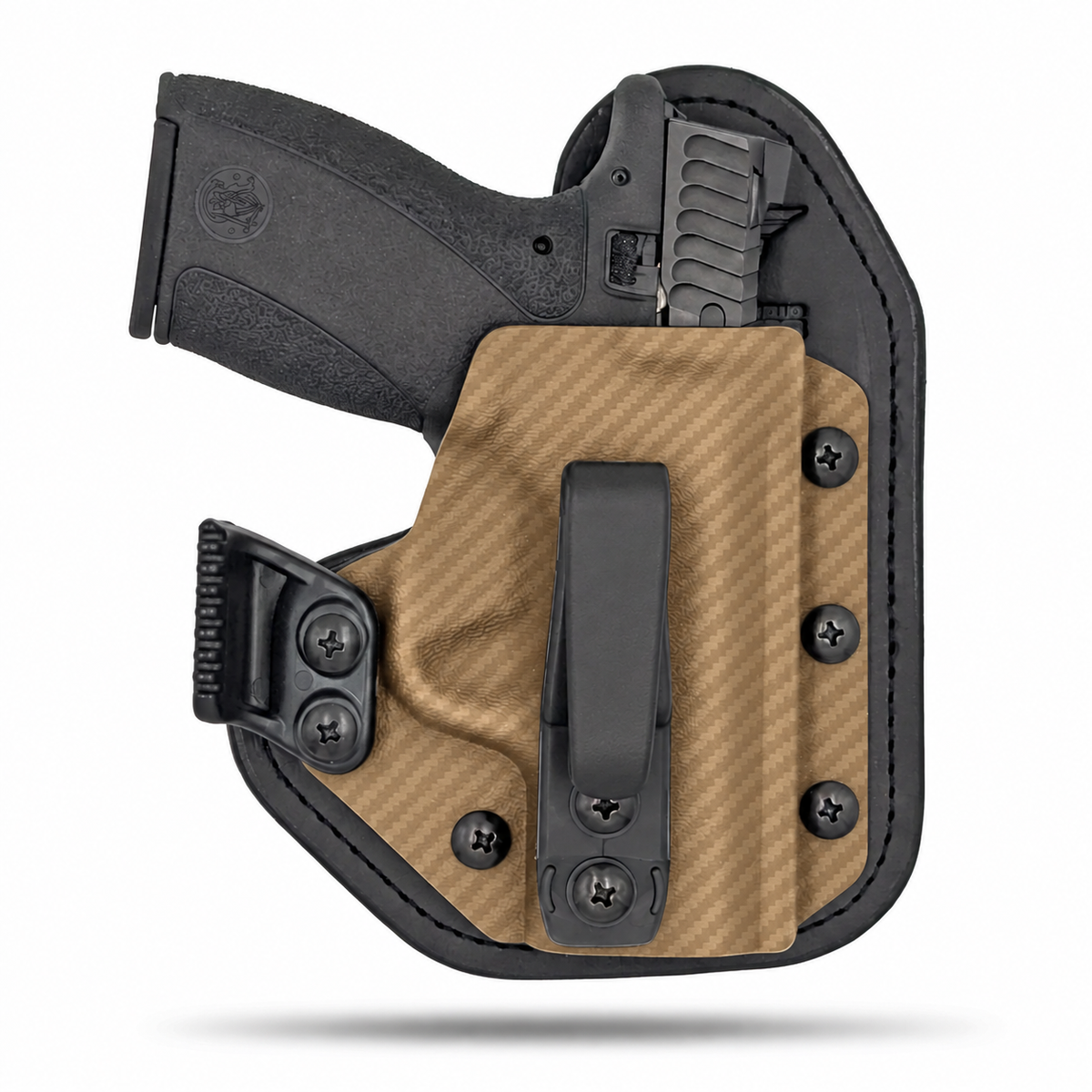 Coyote Tan Carbon Fiber Hidden Hybrid single-clip appendix holster for Smith & Wesson Bodyguard 2.0, right-hand, with claw.