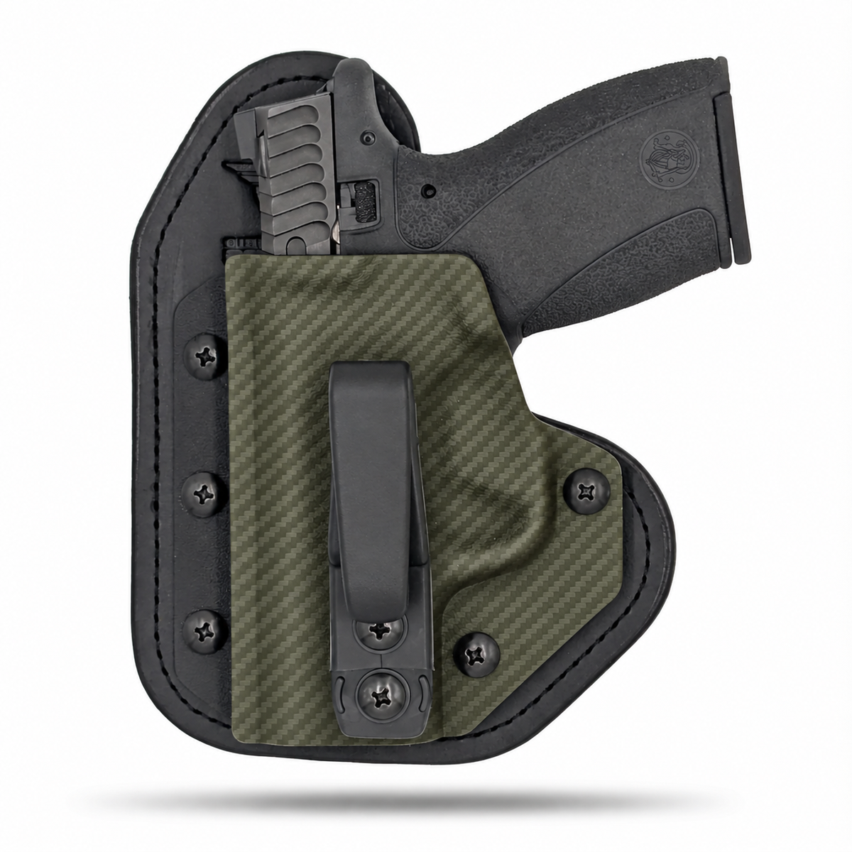 OD Green Carbon Fiber Hidden Hybrid single-clip appendix holster for Smith & Wesson Bodyguard 2.0, left-hand, no claw.