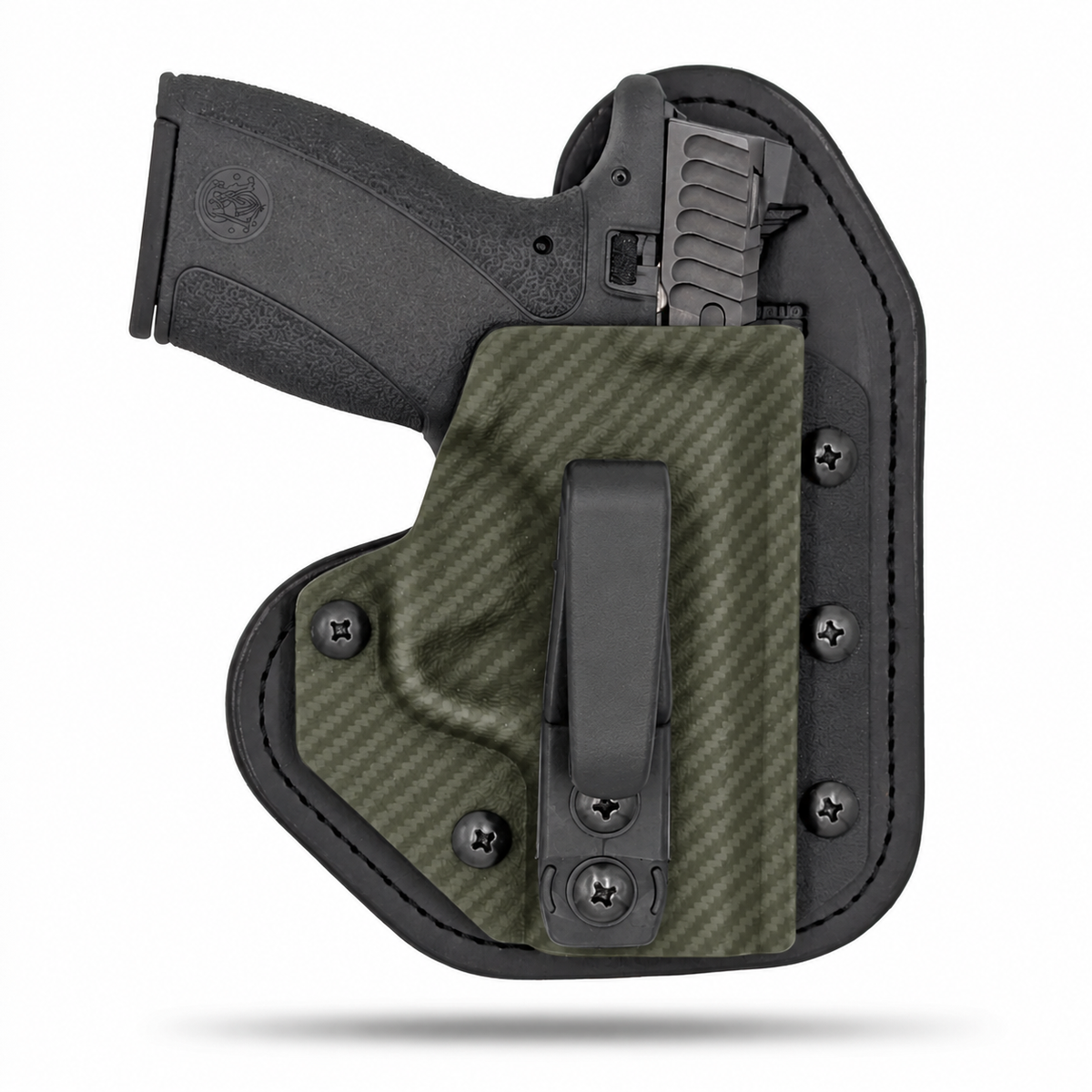 OD Green Carbon Fiber Hidden Hybrid single-clip appendix holster for Smith & Wesson Bodyguard 2.0, right-hand, no claw.