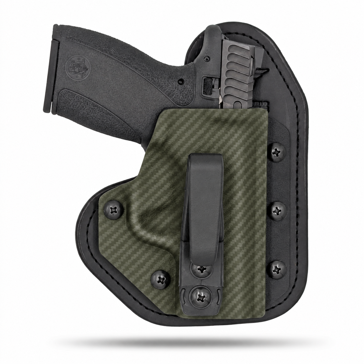 OD Green Carbon Fiber Hidden Hybrid single-clip appendix holster for Smith & Wesson Bodyguard 2.0, right-hand, no claw.