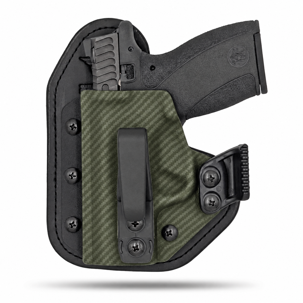 OD Green Carbon Fiber Hidden Hybrid single-clip appendix holster for Smith & Wesson Bodyguard 2.0, left-hand, with claw.