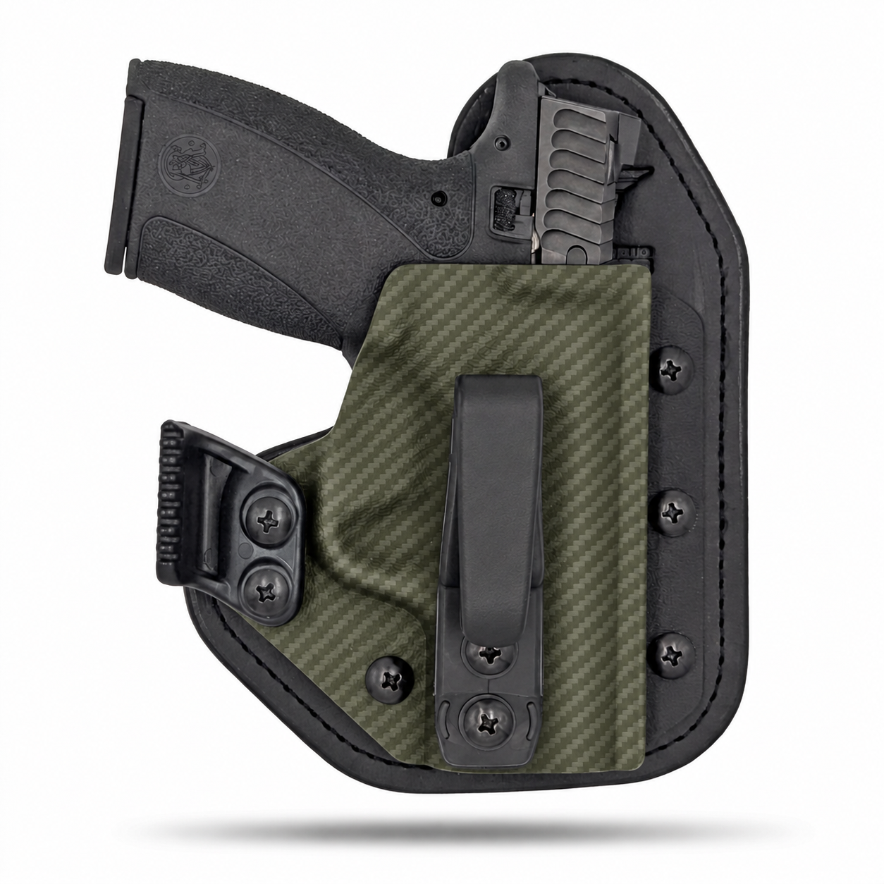 OD Green Carbon Fiber Hidden Hybrid single-clip appendix holster for Smith & Wesson Bodyguard 2.0, right-hand, with claw.