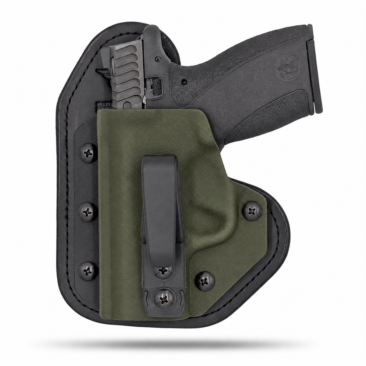 OD Green Hidden Hybrid single-clip appendix holster for Smith & Wesson Bodyguard 2.0, left-hand, no claw.