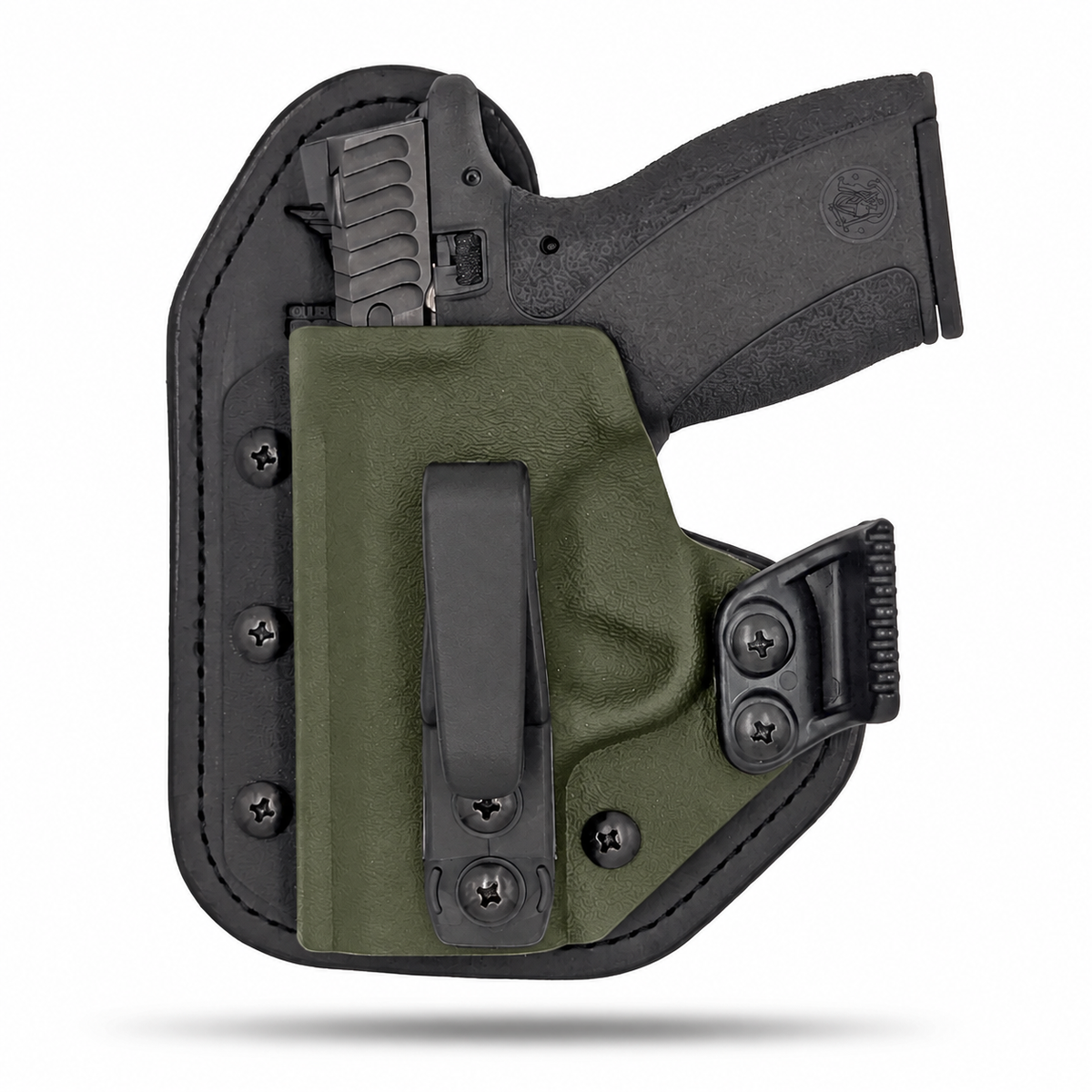 OD Green Hidden Hybrid single-clip appendix holster for Smith & Wesson Bodyguard 2.0, left-hand, with claw.