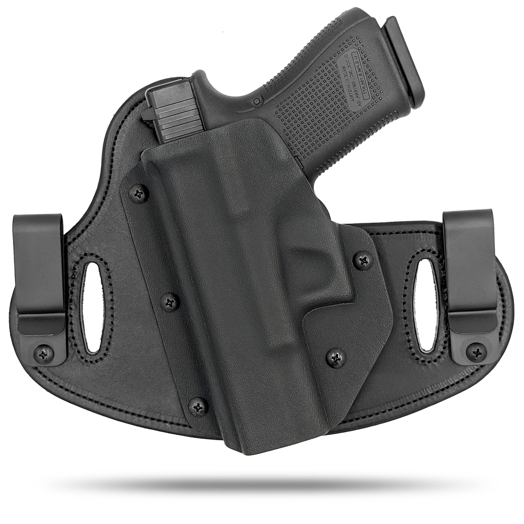 Double Clip holster can be worn inside the waistband (IWB) or outside the waistband (OWB) with a strong Kydex plastic shell and a comfy Amish made leather backer, from Hidden Hybrid Holsters.