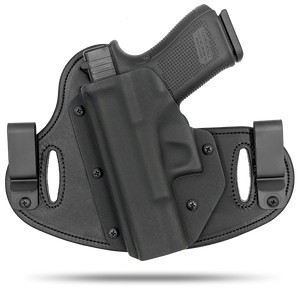 Double Clip holster can be worn inside the waistband (IWB) or outside the waistband (OWB) with a strong Kydex plastic shell and a comfy Amish made leather backer, from Hidden Hybrid Holsters.