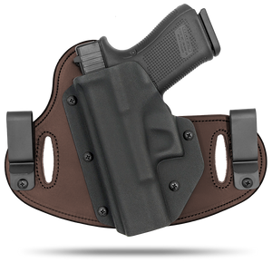 Double Clip holster can be worn inside the waistband (IWB) or outside the waistband (OWB) with a strong Kydex plastic shell and a comfy Amish made leather backer, from Hidden Hybrid Holsters.