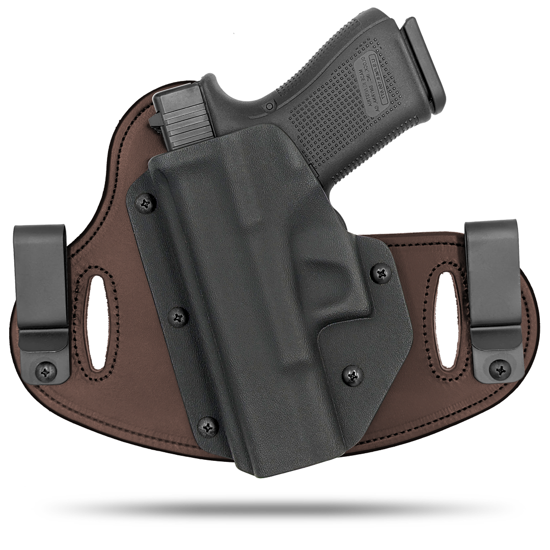 Double Clip holster can be worn inside the waistband (IWB) or outside the waistband (OWB) with a strong Kydex plastic shell and a comfy Amish made leather backer, from Hidden Hybrid Holsters.