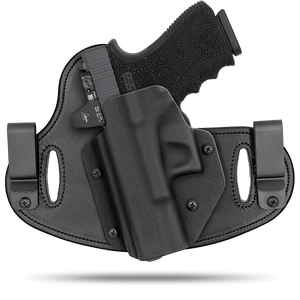 Hidden Hybrid Holsters, 2 Clip Holster, cut for a slide mounted optic, made with Amish leather for comfort on the back side of the holster and form fitting, molded kydex polymer on the front for great retention.