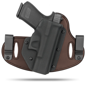 Double Clip holster can be worn inside the waistband (IWB) or outside the waistband (OWB) with a strong Kydex plastic shell and a comfy Amish made leather backer, from Hidden Hybrid Holsters.