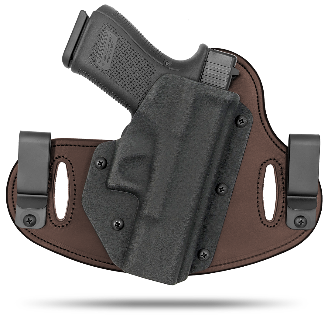 Double Clip holster can be worn inside the waistband (IWB) or outside the waistband (OWB) with a strong Kydex plastic shell and a comfy Amish made leather backer, from Hidden Hybrid Holsters.