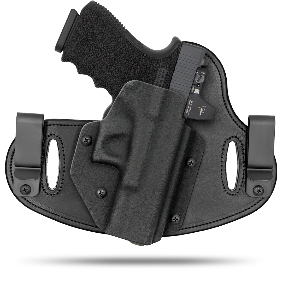 Hidden Hybrid Holsters, 2 Clip Holster, cut for a slide mounted optic, made with Amish leather for comfort on the back side of the holster and form fitting, molded kydex polymer on the front for great retention.