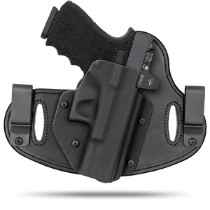 Hidden Hybrid Holsters, 2 Clip Holster, cut for a slide mounted optic, made with Amish leather for comfort on the back side of the holster and form fitting, molded kydex polymer on the front for great retention.