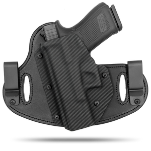 Double Clip holster can be worn inside the waistband (IWB) or outside the waistband (OWB) with a strong Kydex plastic shell and a comfy Amish made leather backer, from Hidden Hybrid Holsters. Left hand draw.