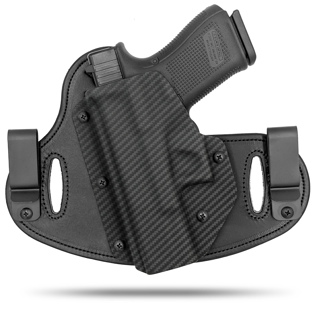 Double Clip holster can be worn inside the waistband (IWB) or outside the waistband (OWB) with a strong Kydex plastic shell and a comfy Amish made leather backer, from Hidden Hybrid Holsters. Left hand draw.