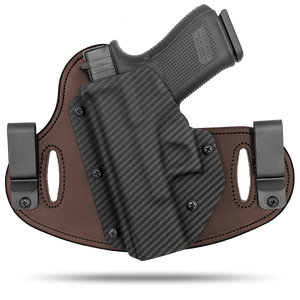 Double Clip holster can be worn inside the waistband (IWB) or outside the waistband (OWB) with a strong Kydex plastic shell and a comfy Amish made leather backer, from Hidden Hybrid Holsters.