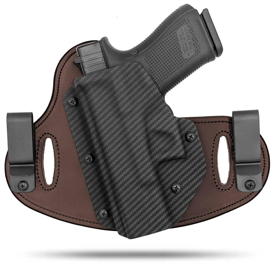 Double Clip holster can be worn inside the waistband (IWB) or outside the waistband (OWB) with a strong Kydex plastic shell and a comfy Amish made leather backer, from Hidden Hybrid Holsters.