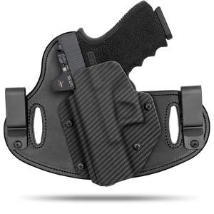 Hidden Hybrid Holsters, 2 Clip Holster, cut for a slide mounted optic, made with Amish leather for comfort on the back side of the holster and form fitting, molded kydex polymer on the front for great retention.