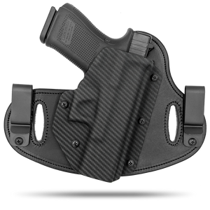 Double Clip holster can be worn inside the waistband (IWB) or outside the waistband (OWB) with a strong Kydex plastic shell and a comfy Amish made leather backer, from Hidden Hybrid Holsters.