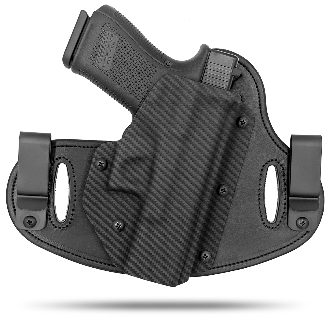 Double Clip holster can be worn inside the waistband (IWB) or outside the waistband (OWB) with a strong Kydex plastic shell and a comfy Amish made leather backer, from Hidden Hybrid Holsters.