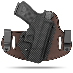 Double Clip holster can be worn inside the waistband (IWB) or outside the waistband (OWB) with a strong Kydex plastic shell and a comfy Amish made leather backer, from Hidden Hybrid Holsters.