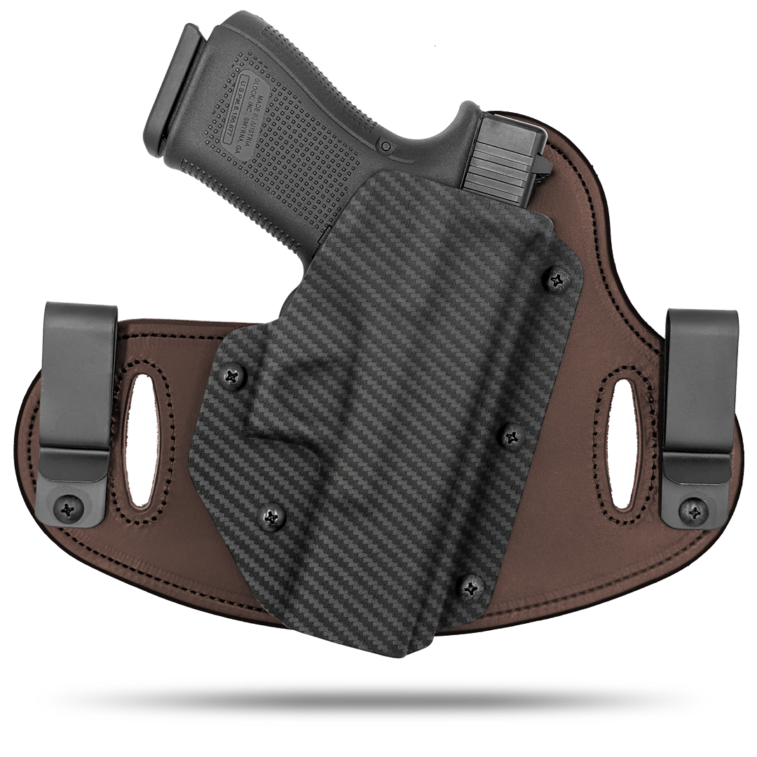 Double Clip holster can be worn inside the waistband (IWB) or outside the waistband (OWB) with a strong Kydex plastic shell and a comfy Amish made leather backer, from Hidden Hybrid Holsters.