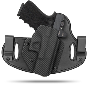 Hidden Hybrid Holsters, 2 Clip Holster, cut for a slide mounted optic, made with Amish leather for comfort on the back side of the holster and form fitting, molded kydex polymer on the front for great retention.