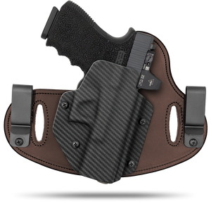 Hidden Hybrid Holsters, 2 Clip Holster, cut for a slide mounted optic, made with Amish leather for comfort on the back side of the holster and form fitting, molded kydex polymer on the front for great retention.