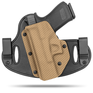 Double Clip holster can be worn inside the waistband (IWB) or outside the waistband (OWB) with a strong Kydex plastic shell and a comfy Amish made leather backer, from Hidden Hybrid Holsters.