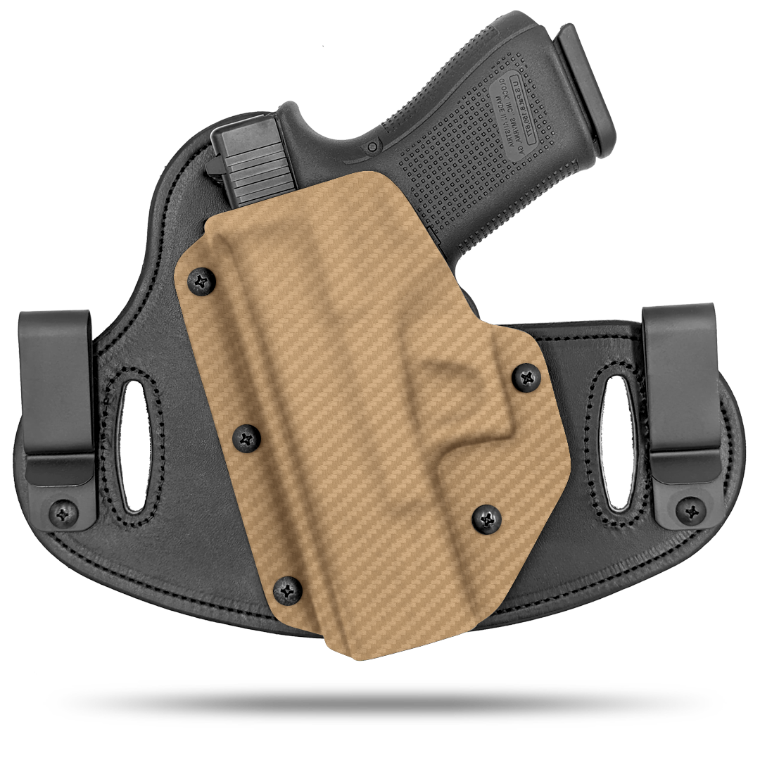 Double Clip holster can be worn inside the waistband (IWB) or outside the waistband (OWB) with a strong Kydex plastic shell and a comfy Amish made leather backer, from Hidden Hybrid Holsters.