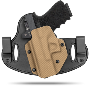 Hidden Hybrid Holsters, 2 Clip Holster, cut for a slide mounted optic, made with Amish leather for comfort on the back side of the holster and form fitting, molded kydex polymer on the front for great retention.