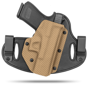 Double Clip holster can be worn inside the waistband (IWB) or outside the waistband (OWB) with a strong Kydex plastic shell and a comfy Amish made leather backer, from Hidden Hybrid Holsters.