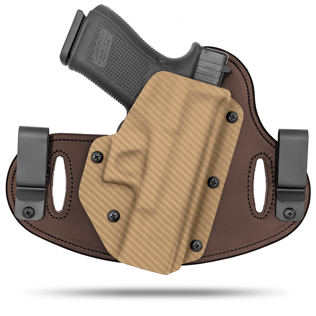 Double Clip holster can be worn inside the waistband (IWB) or outside the waistband (OWB) with a strong Kydex plastic shell and a comfy Amish made leather backer, from Hidden Hybrid Holsters.