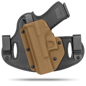 Double Clip holster can be worn inside the waistband (IWB) or outside the waistband (OWB) with a strong Kydex plastic shell and a comfy Amish made leather backer, from Hidden Hybrid Holsters.