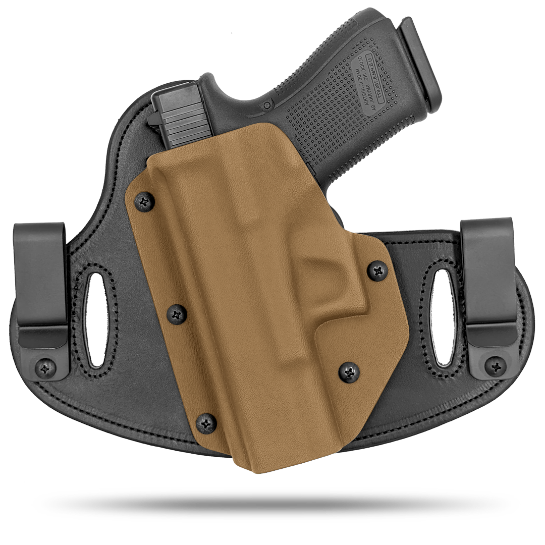 Double Clip holster can be worn inside the waistband (IWB) or outside the waistband (OWB) with a strong Kydex plastic shell and a comfy Amish made leather backer, from Hidden Hybrid Holsters.