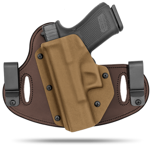 Double Clip holster can be worn inside the waistband (IWB) or outside the waistband (OWB) with a strong Kydex plastic shell and a comfy Amish made leather backer, from Hidden Hybrid Holsters.