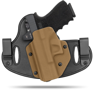 Hidden Hybrid Holsters, 2 Clip Holster, cut for a slide mounted optic, made with Amish leather for comfort on the back side of the holster and form fitting, molded kydex polymer on the front for great retention.