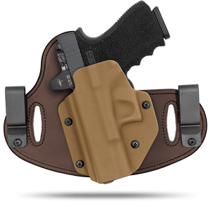 Hidden Hybrid Holsters, 2 Clip Holster, cut for a slide mounted optic, made with Amish leather for comfort on the back side of the holster and form fitting, molded kydex polymer on the front for great retention.