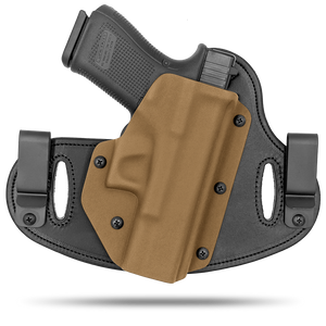 Double Clip holster can be worn inside the waistband (IWB) or outside the waistband (OWB) with a strong Kydex plastic shell and a comfy Amish made leather backer, from Hidden Hybrid Holsters.